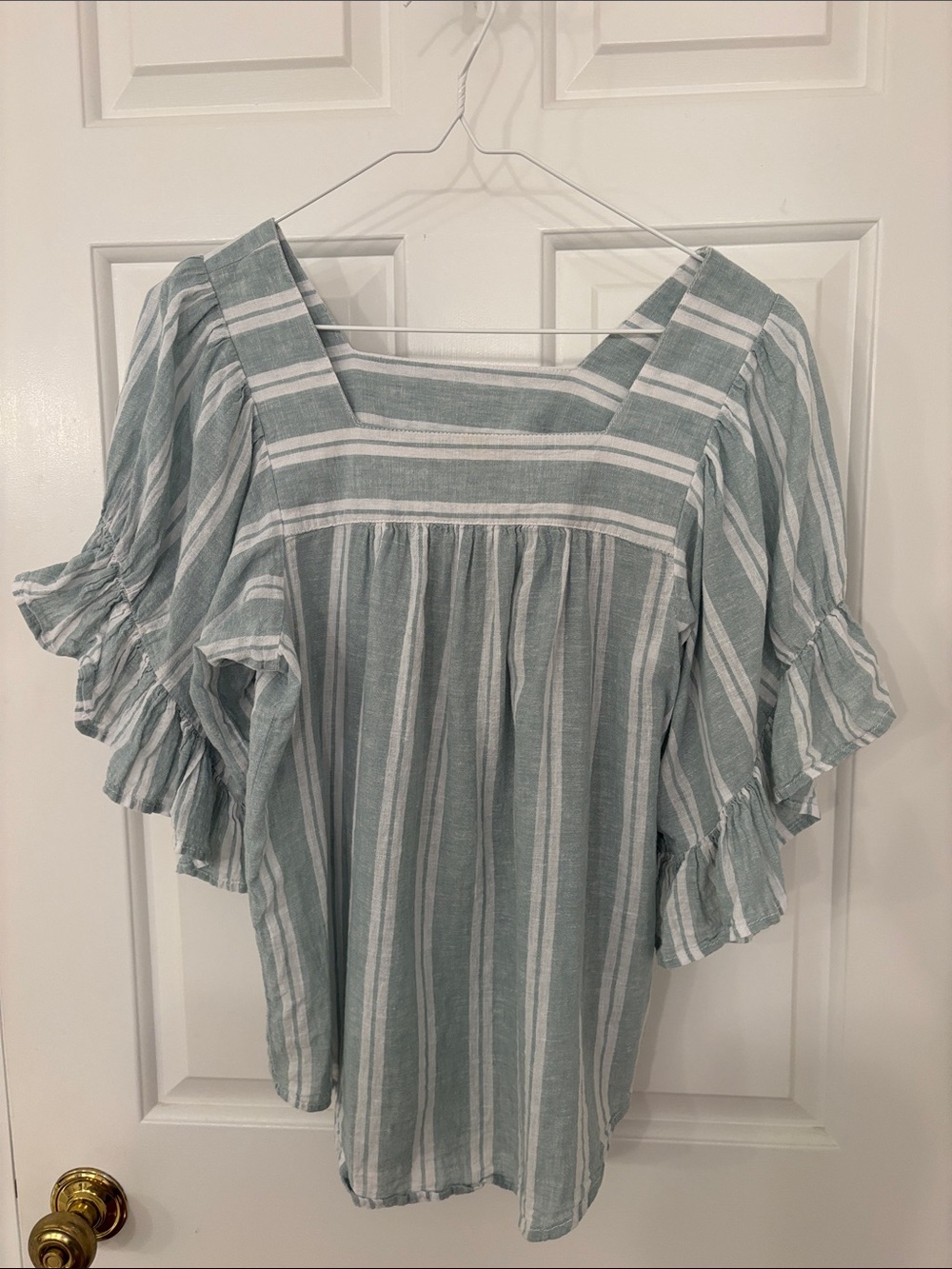 beachlunchlounge Sage and White Striped Square-Neck Blouse